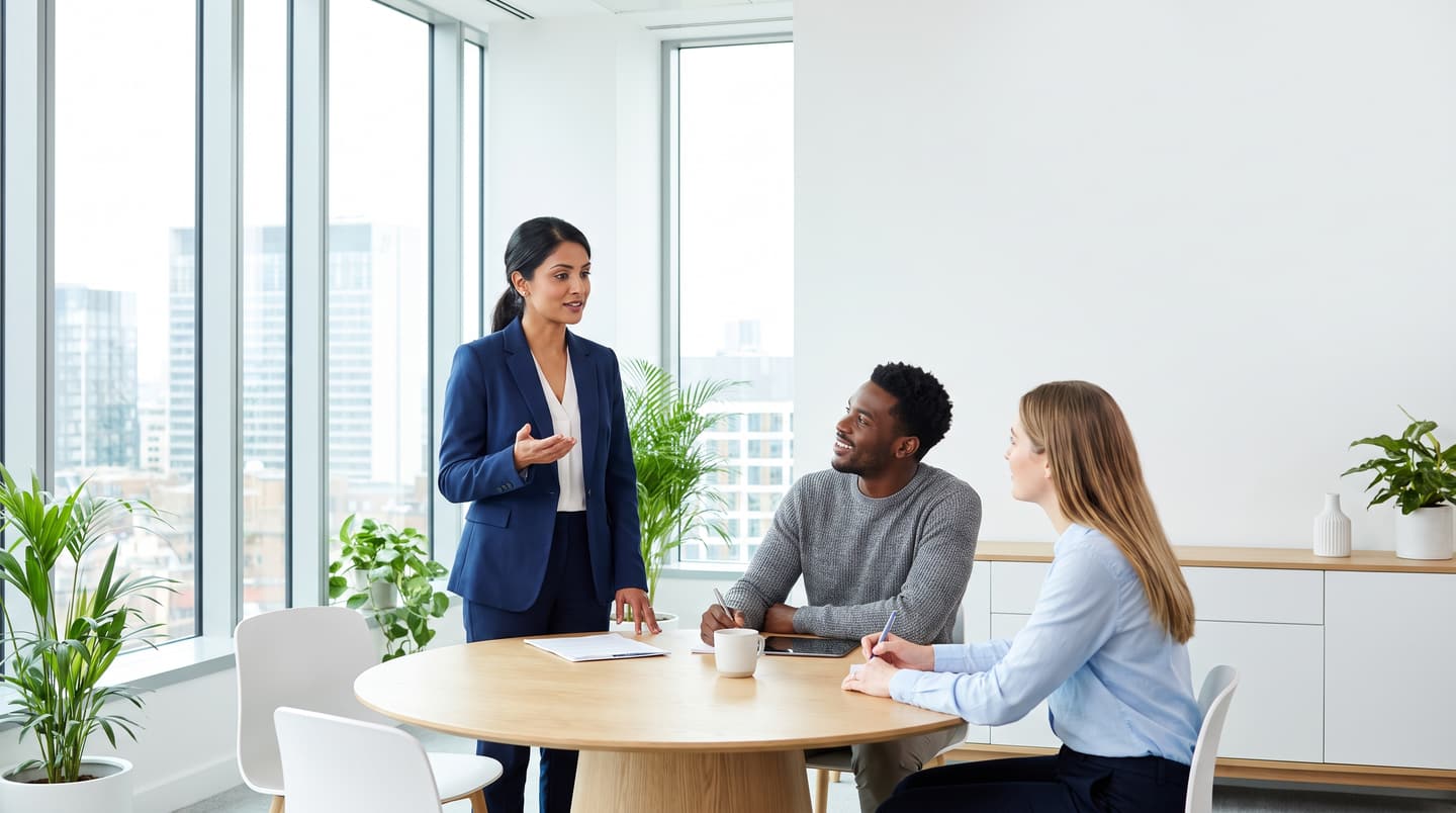 A business owner leading a working discussion with two members of her team in a bright office.