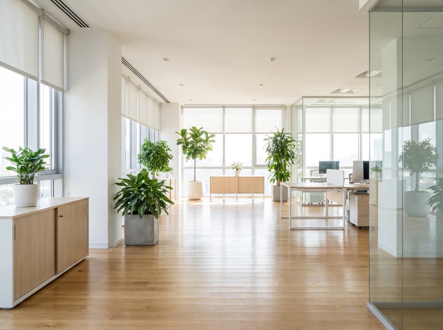 A bright, immaculately maintained modern commercial office interior.