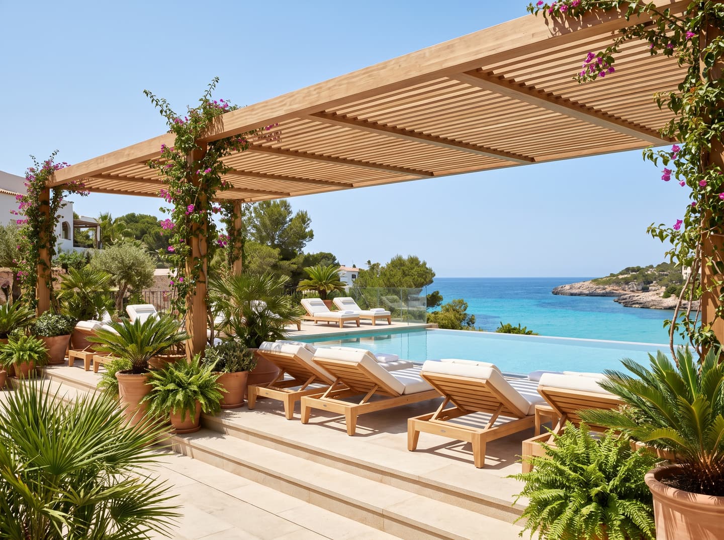 A sunlit upscale hotel terrace overlooking the sea.