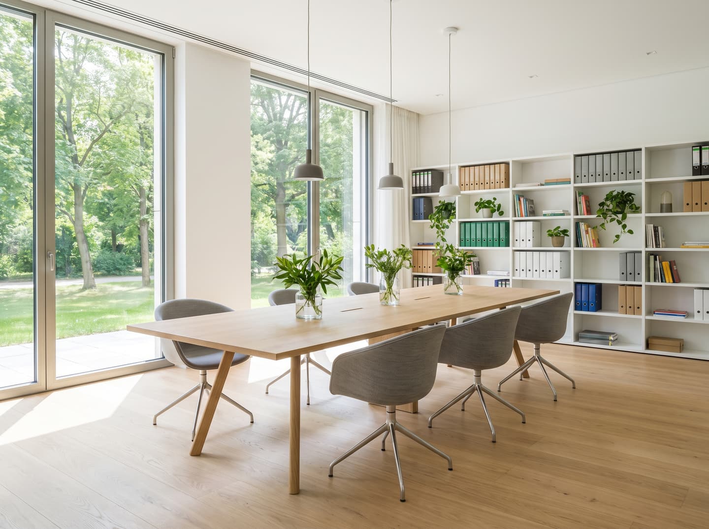 A bright modern consulting workspace with a meeting table and natural light.