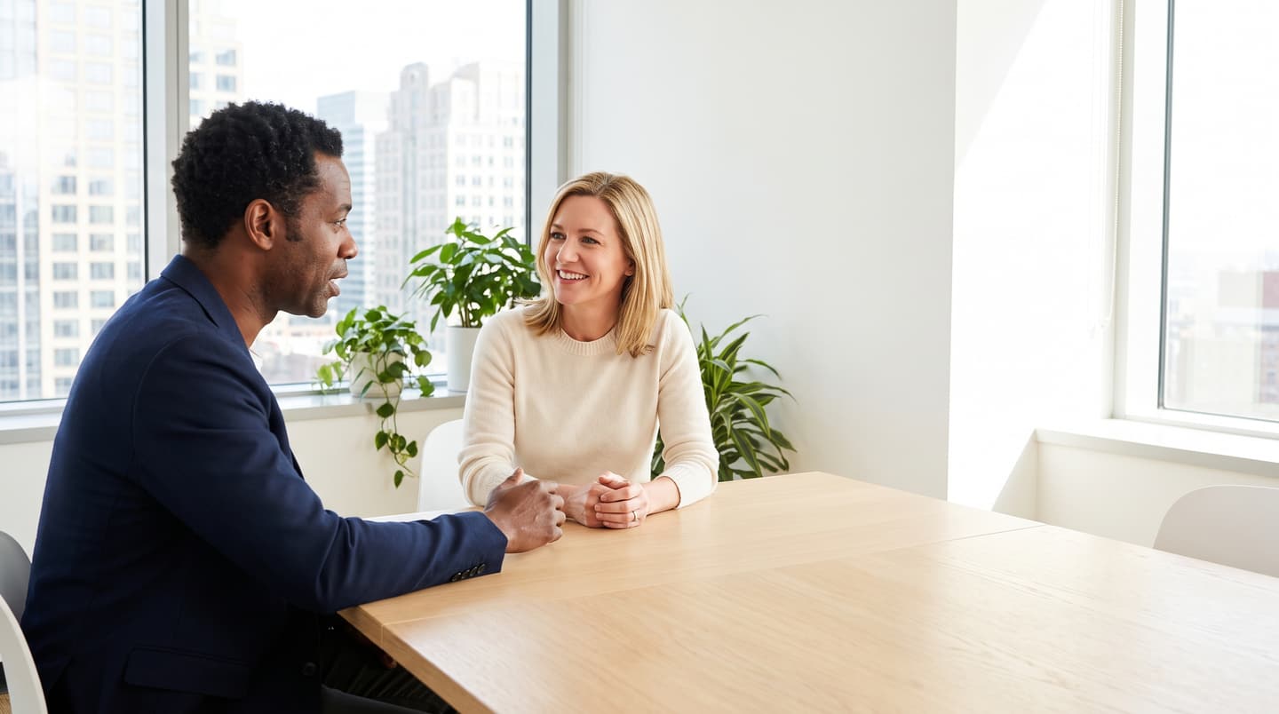 A business owner and an advisor in focused conversation across a table in a bright meeting room.