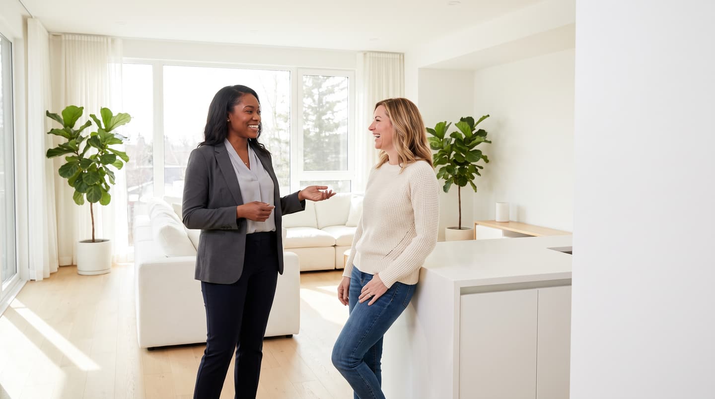 A cleaning company owner talking with a homeowner in a bright living room.