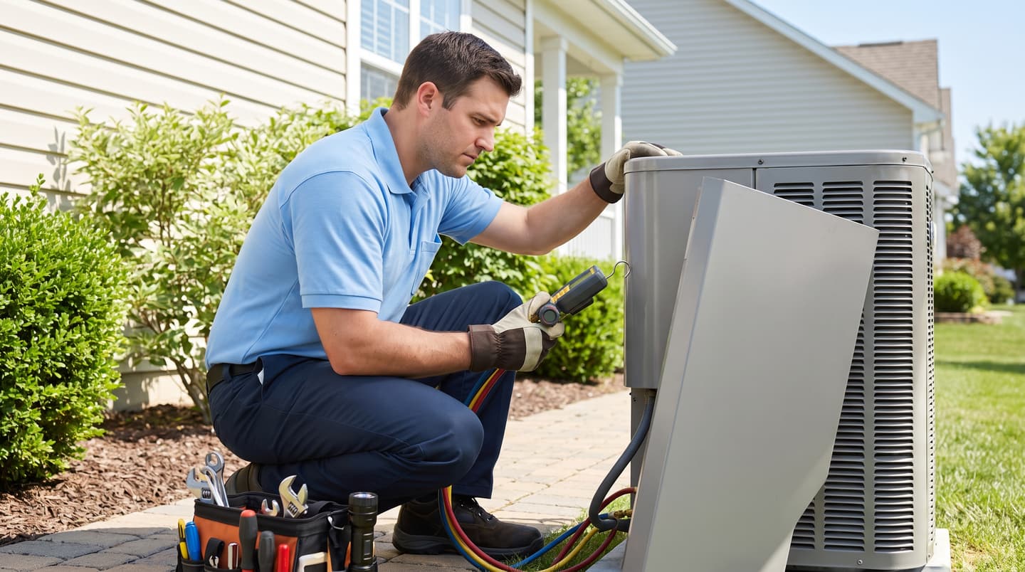 An HVAC technician servicing an outdoor condenser unit at a suburban home.