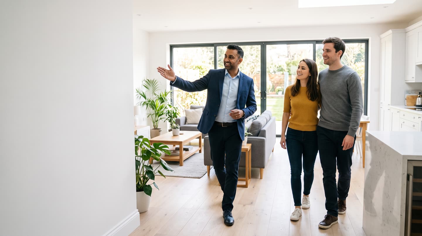 A real estate agent walking a couple through a bright modern home.