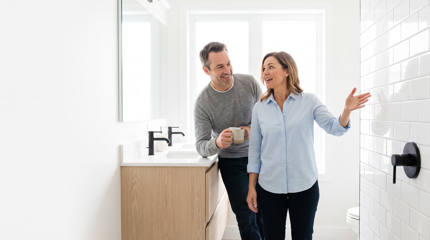 A remodeling professional showing a homeowner a finished bathroom renovation.