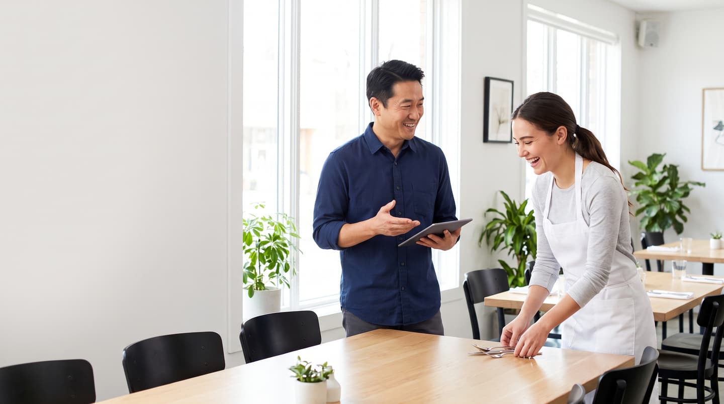 A restaurant owner talking with a team member in a bright dining room.