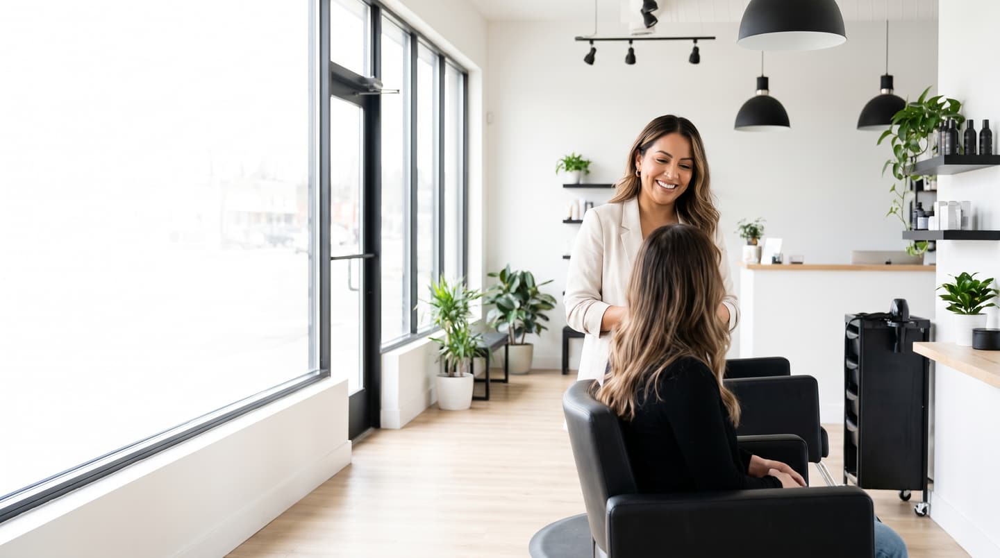 A salon owner talking with a client in a bright modern salon.