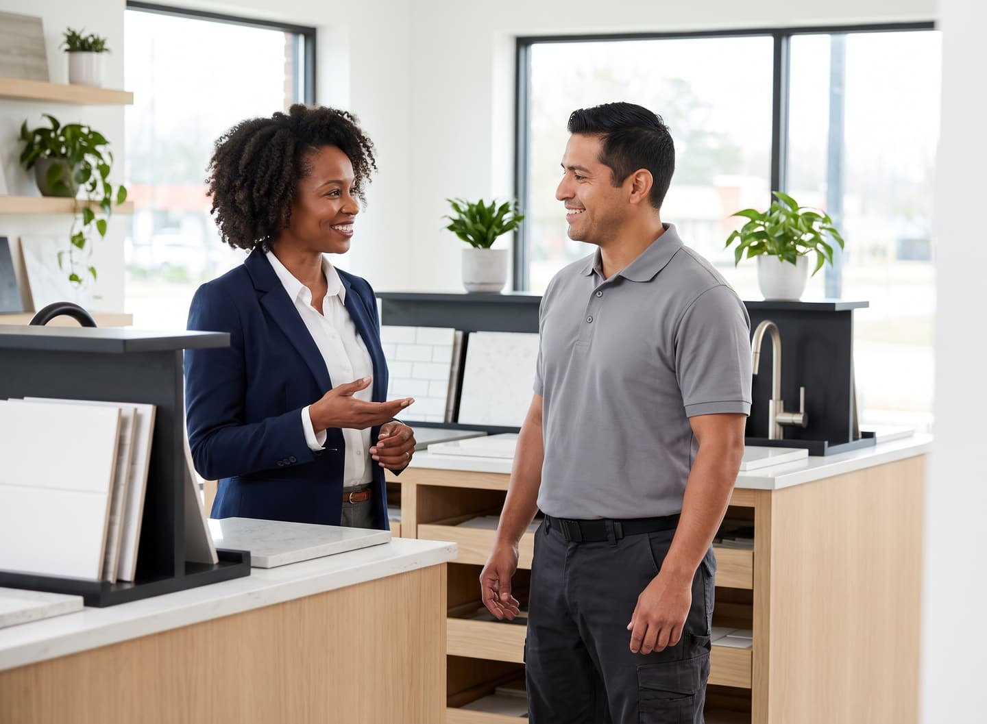 A business owner and one of her technicians talking in the bright showroom of a home-services company.