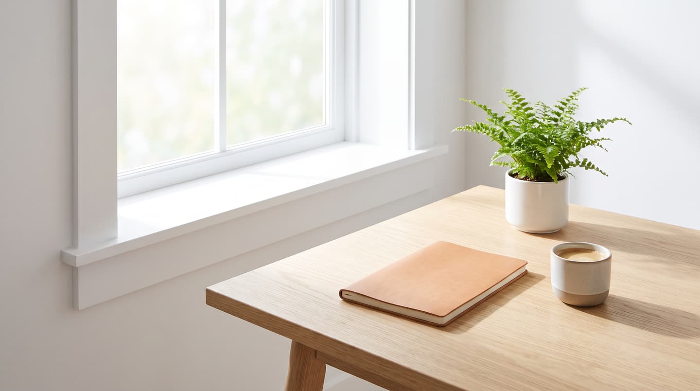 A clean, sunlit desk with a closed notebook and a cup of coffee.