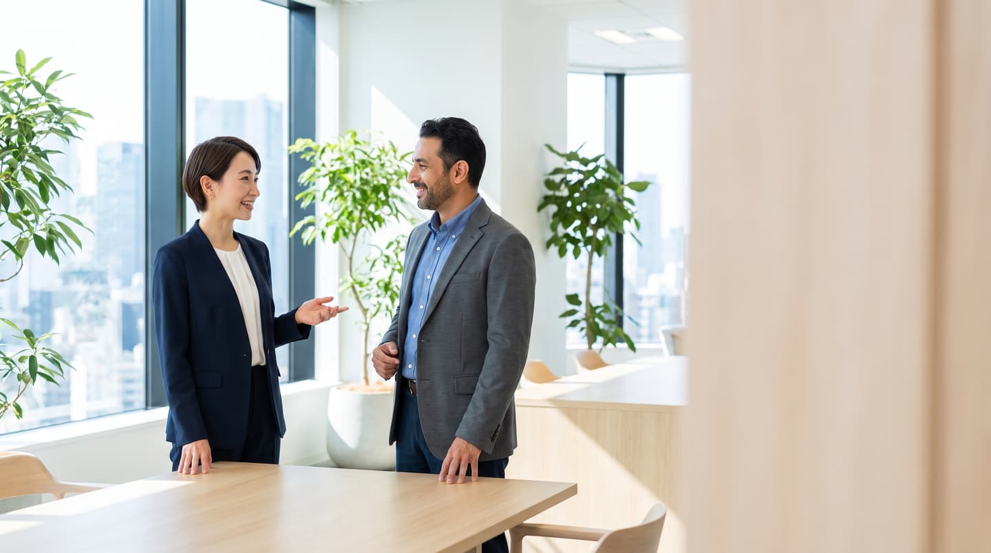 Two business professionals in conversation in a bright modern office.
